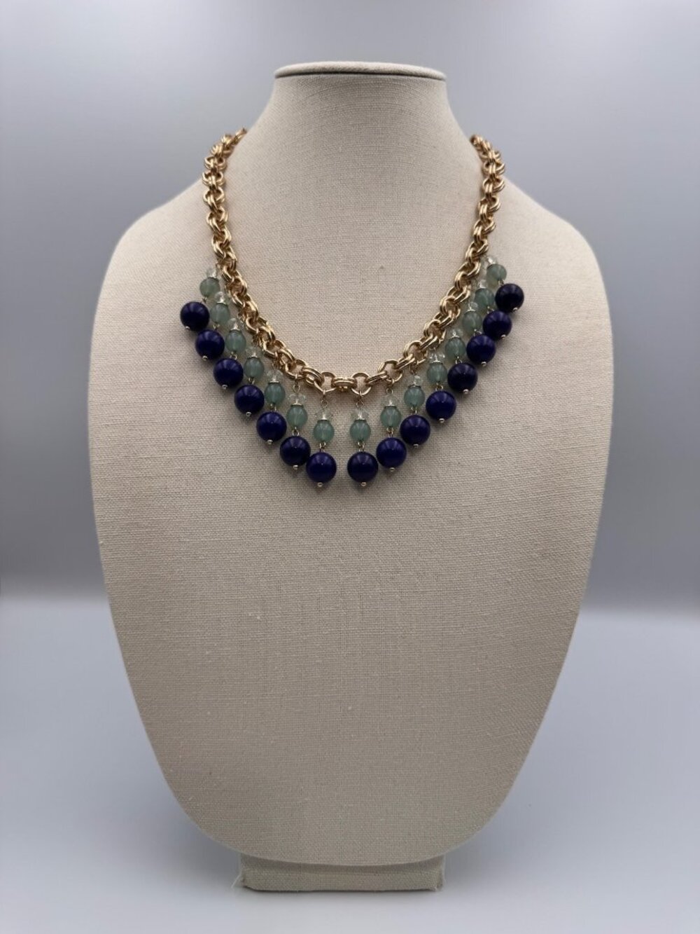 Ann Taylor Gold Tone Bib Statement Necklace Blue Green Beaded Dangle 22”
